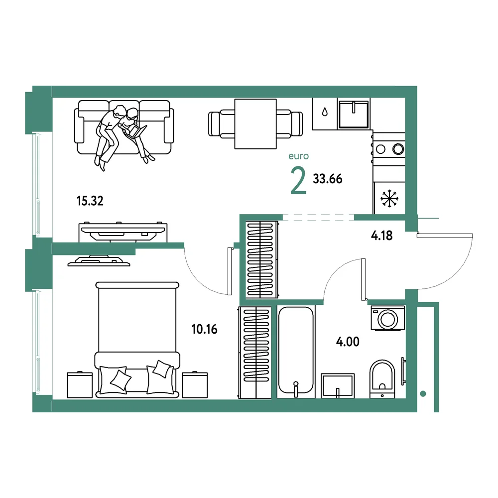 Планировка: Домашний 2-комнатная 33,66м²