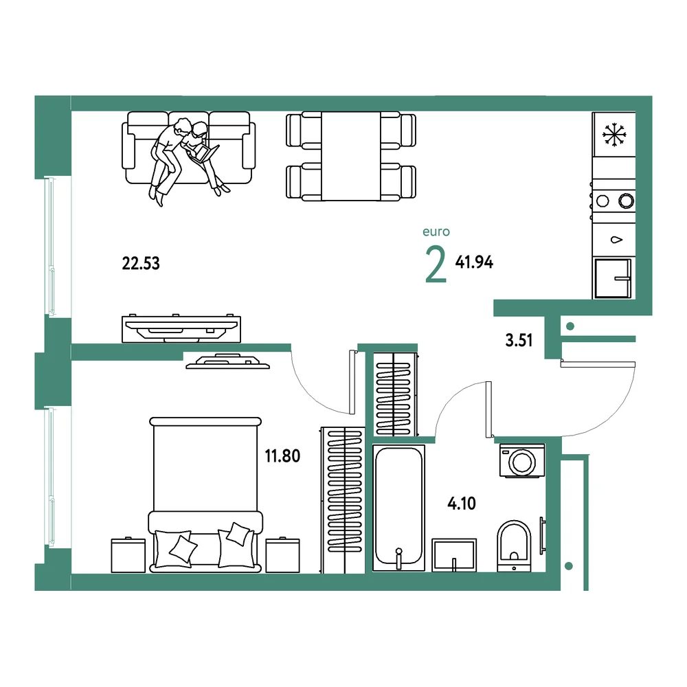 Планировка: Домашний 2-комнатная 41,94м²