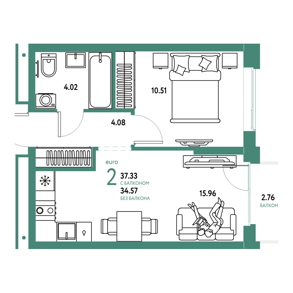 Планировка: Домашний 2-комнатная 37,33м²