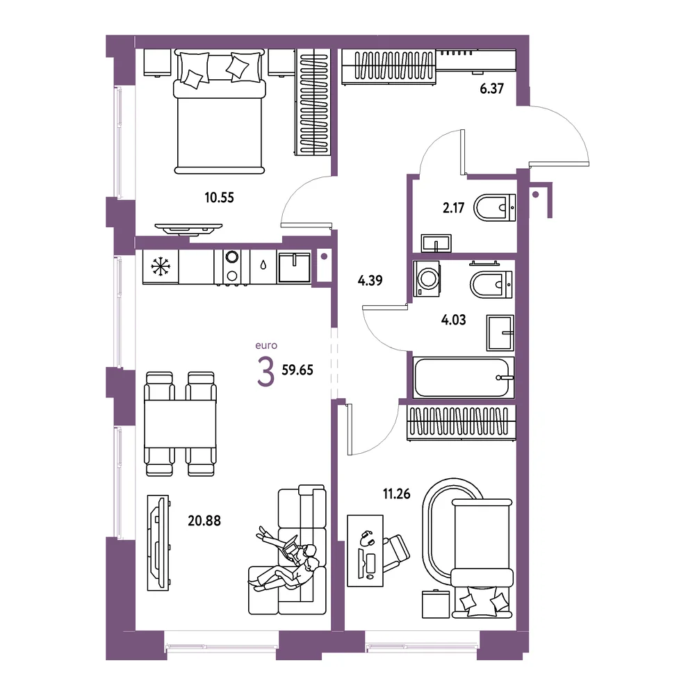 Планировка: Домашний 3-комнатная 59,65м²