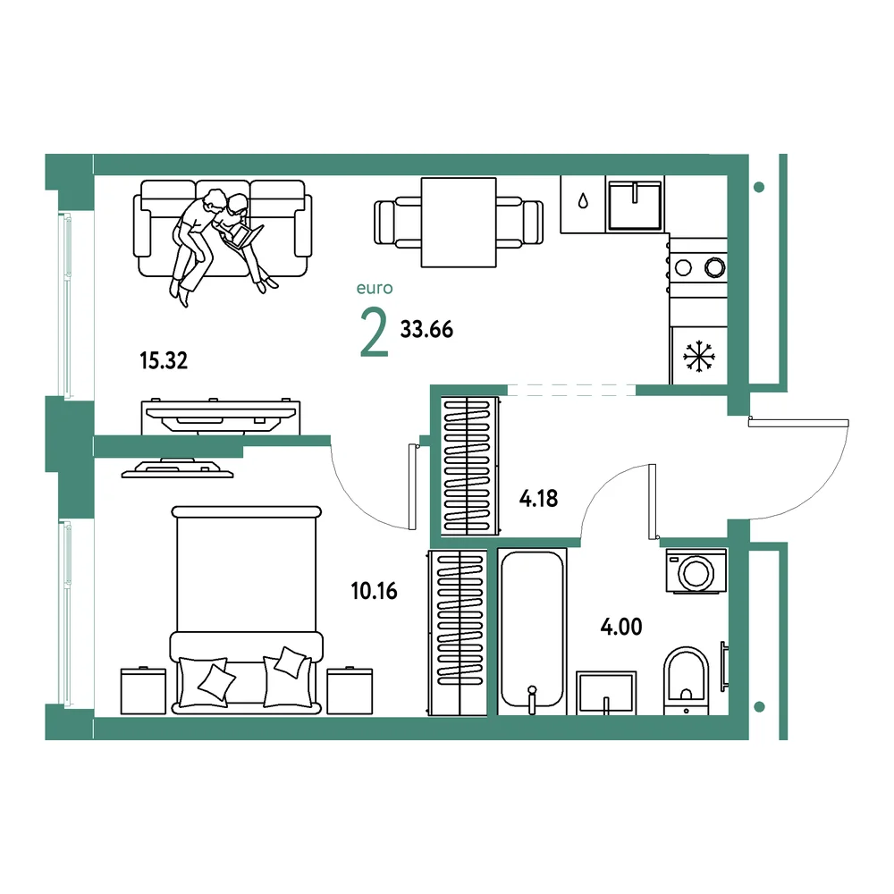 Планировка: Домашний 2-комнатная 33,66м²