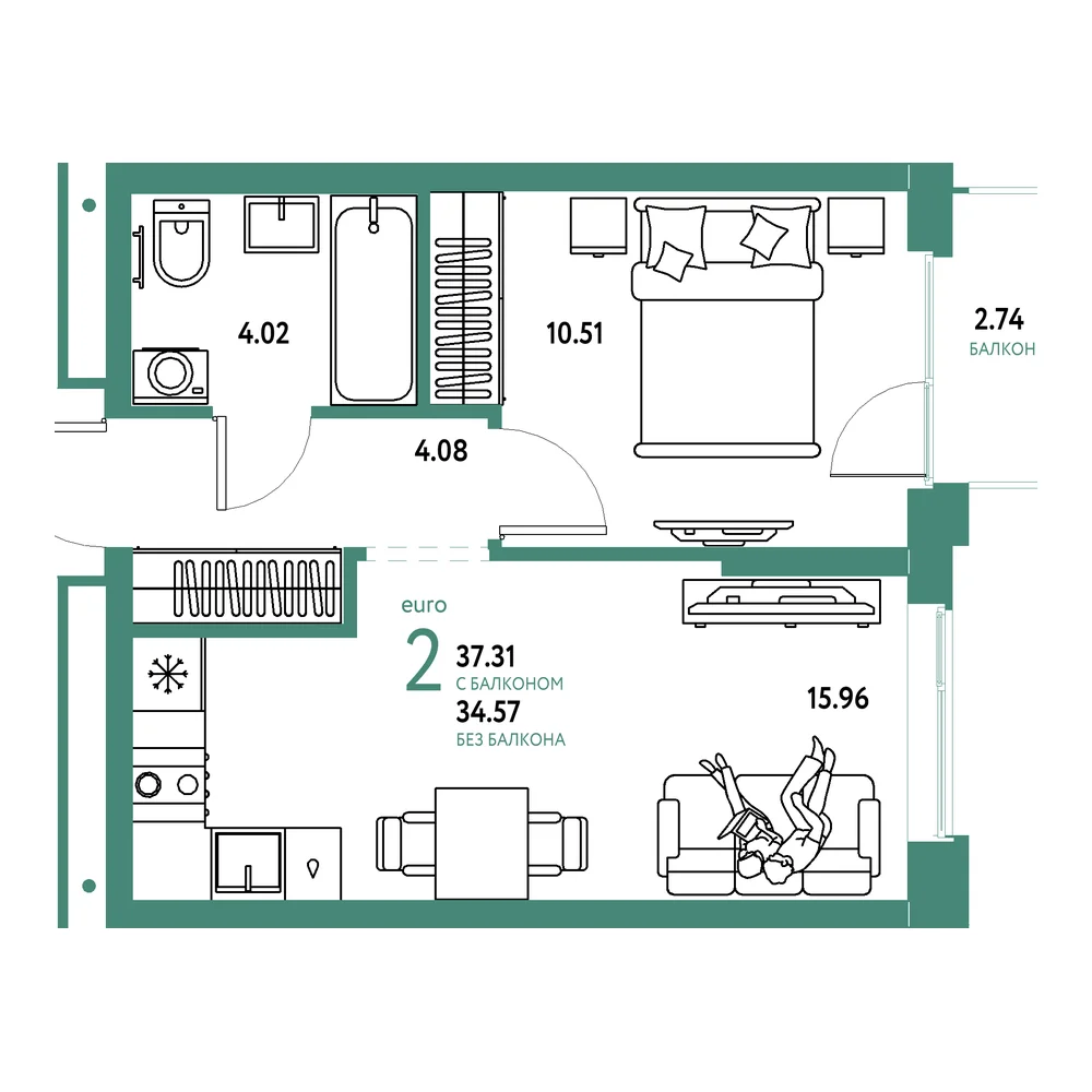 Планировка: Домашний 2-комнатная 37,31м²