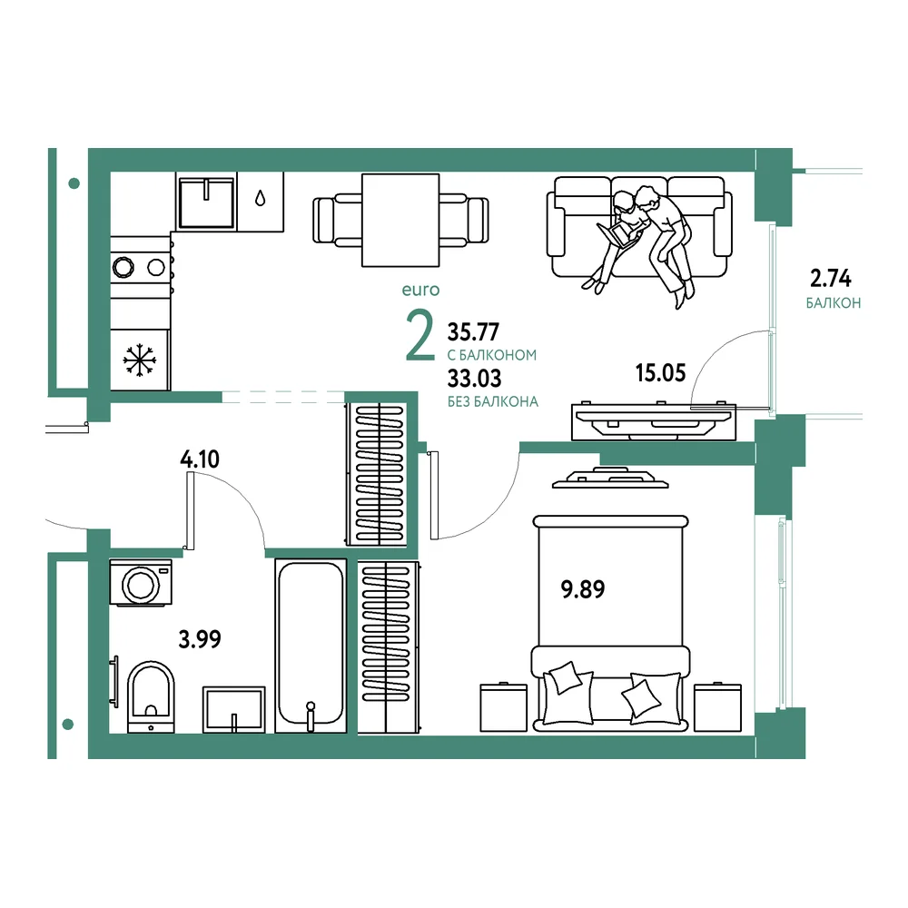 Планировка: Домашний 2-комнатная 35,77м²