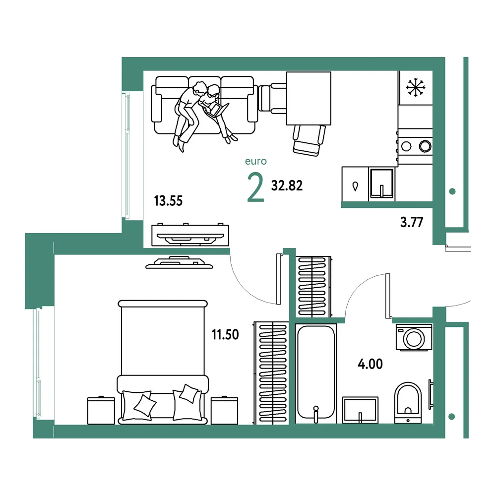Планировка: Домашний 2-комнатная 32,82м²