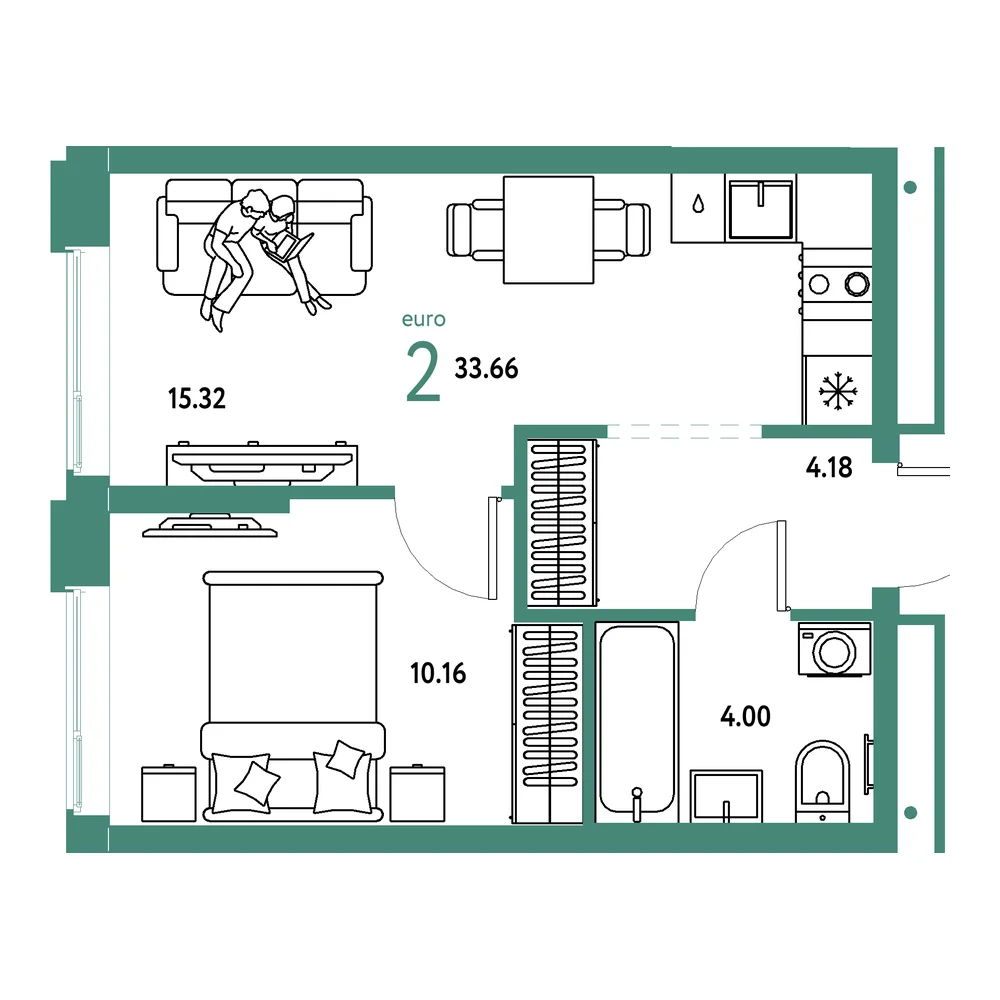 Планировка: Домашний 2-комнатная 33,66м²