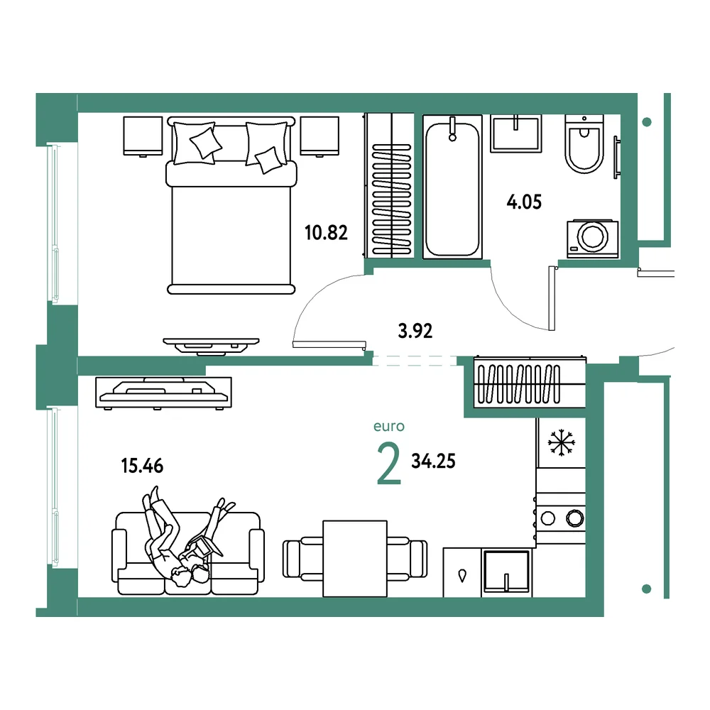 Планировка: Домашний 2-комнатная 34,25м²