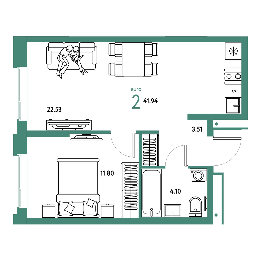 Планировка: Домашний 2-комнатная 41,94м²