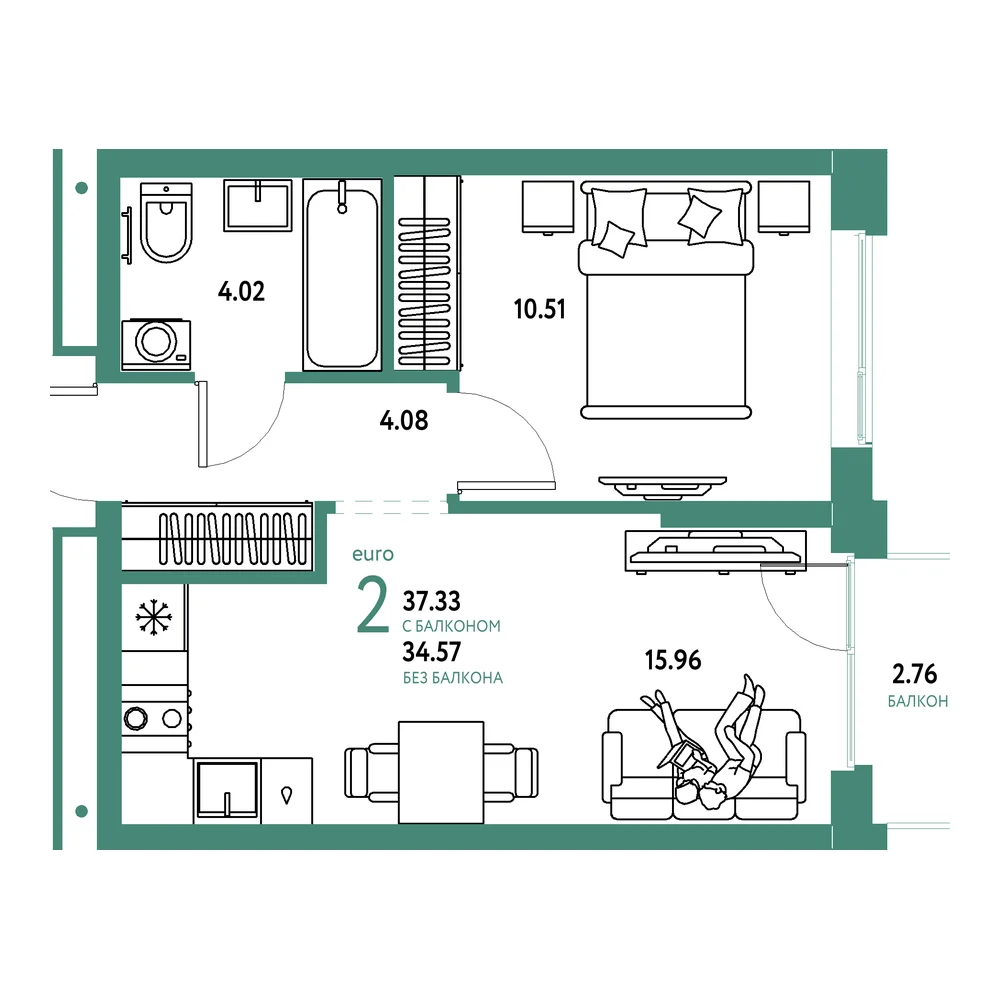 Планировка: Домашний 2-комнатная 37,33м²