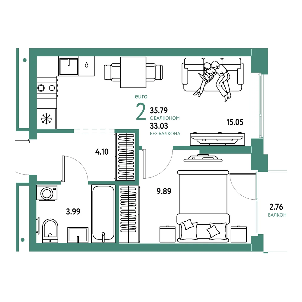 Планировка: Домашний 2-комнатная 35,79м²