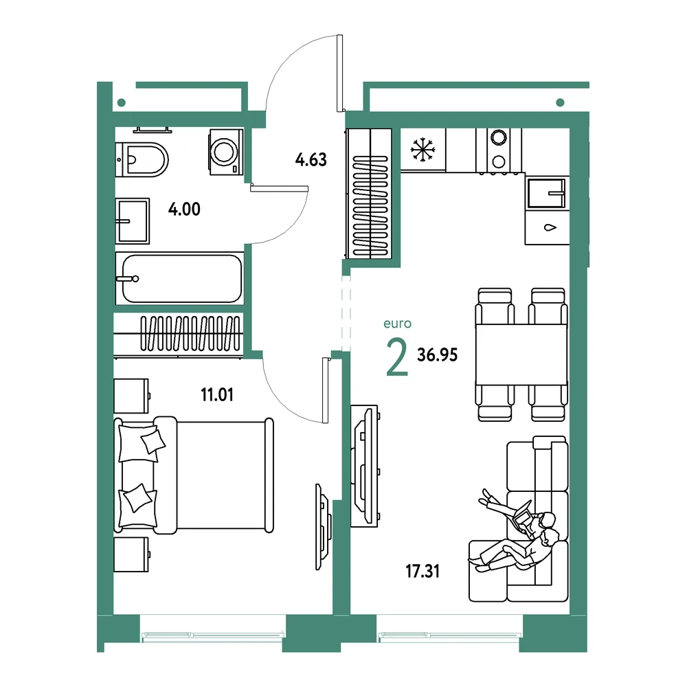 Планировка: Домашний 2-комнатная 36,95м²