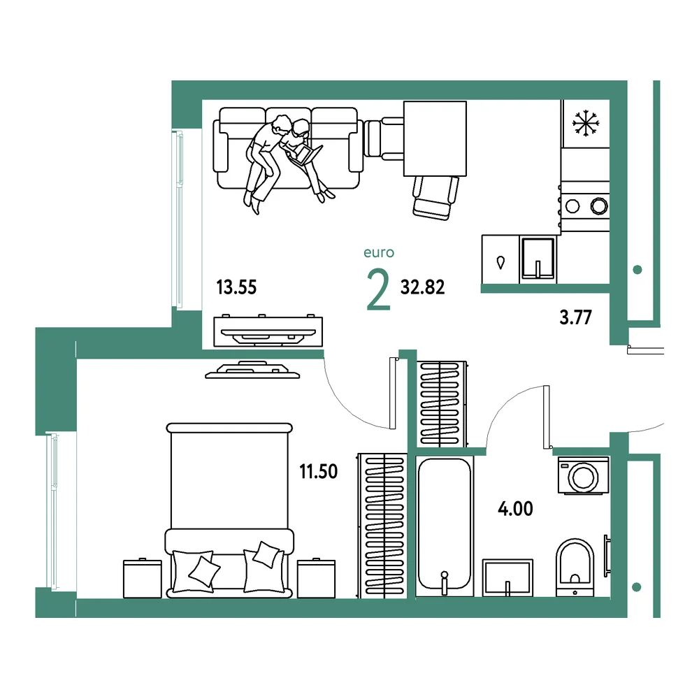 Планировка: Домашний 2-комнатная 32,82м²