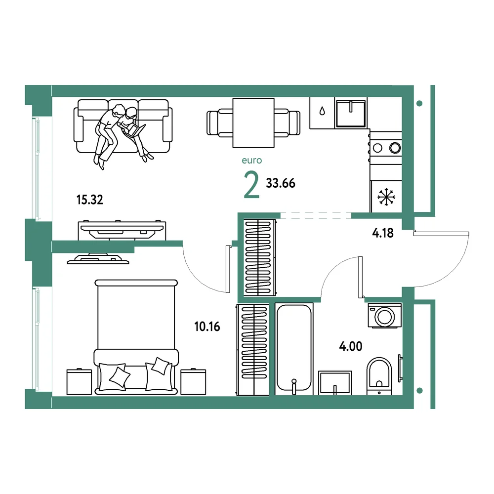 Планировка: Домашний 2-комнатная 33,66м²