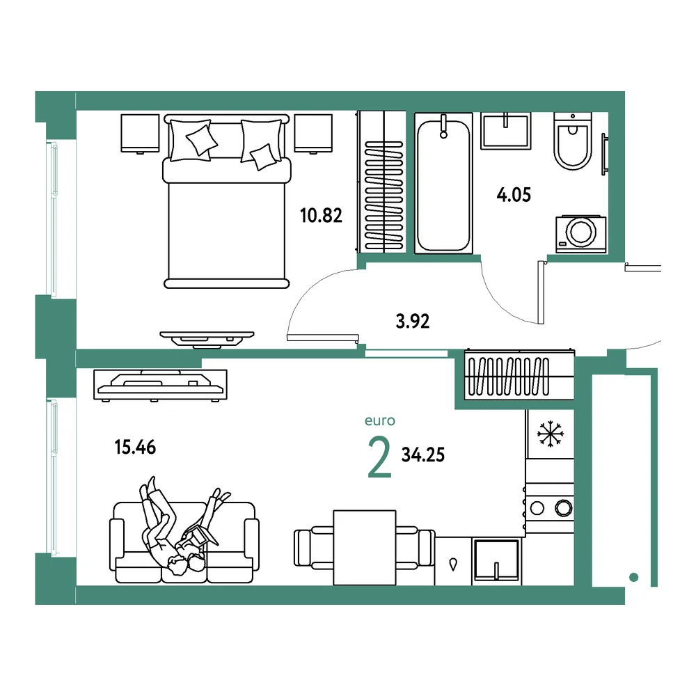 Планировка: Домашний 2-комнатная 34,25м²