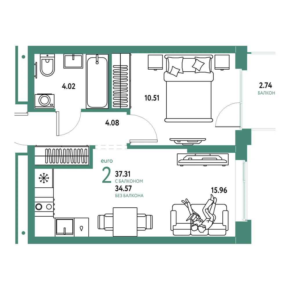 Планировка: Домашний 2-комнатная 37,31м²