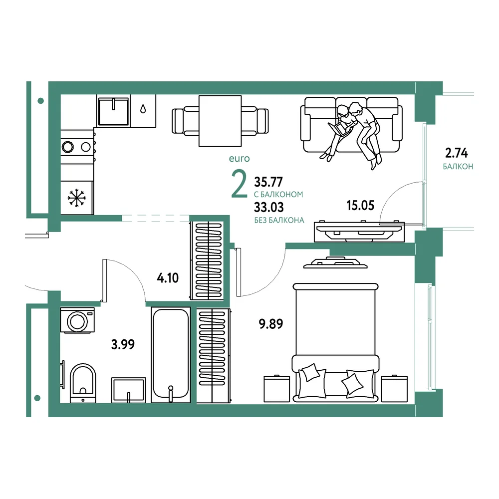 Планировка: Домашний 2-комнатная 35,77м²
