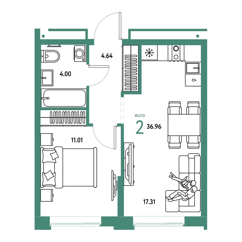Планировка: Домашний 2-комнатная 36,96м²