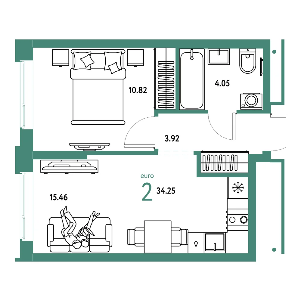 Планировка: Домашний 2-комнатная 34,25м²