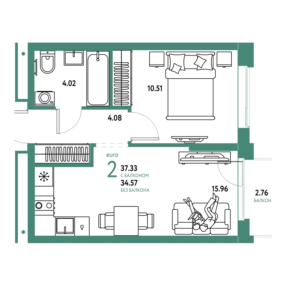 Планировка: Домашний 2-комнатная 37,33м²