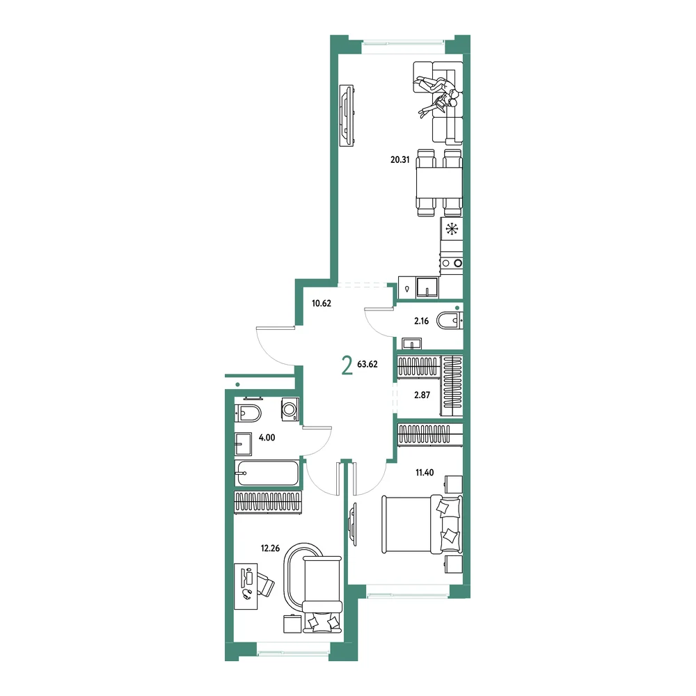 Планировка: Домашний 2-комнатная 63,62м²