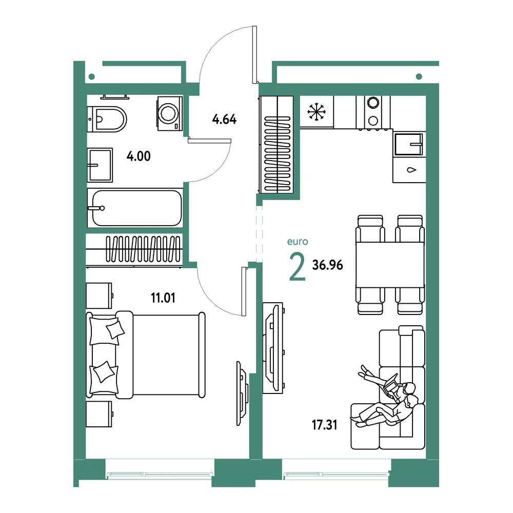 Планировка: Домашний 2-комнатная 36,96м²