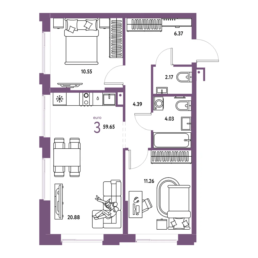 Планировка: Домашний 3-комнатная 59,65м²