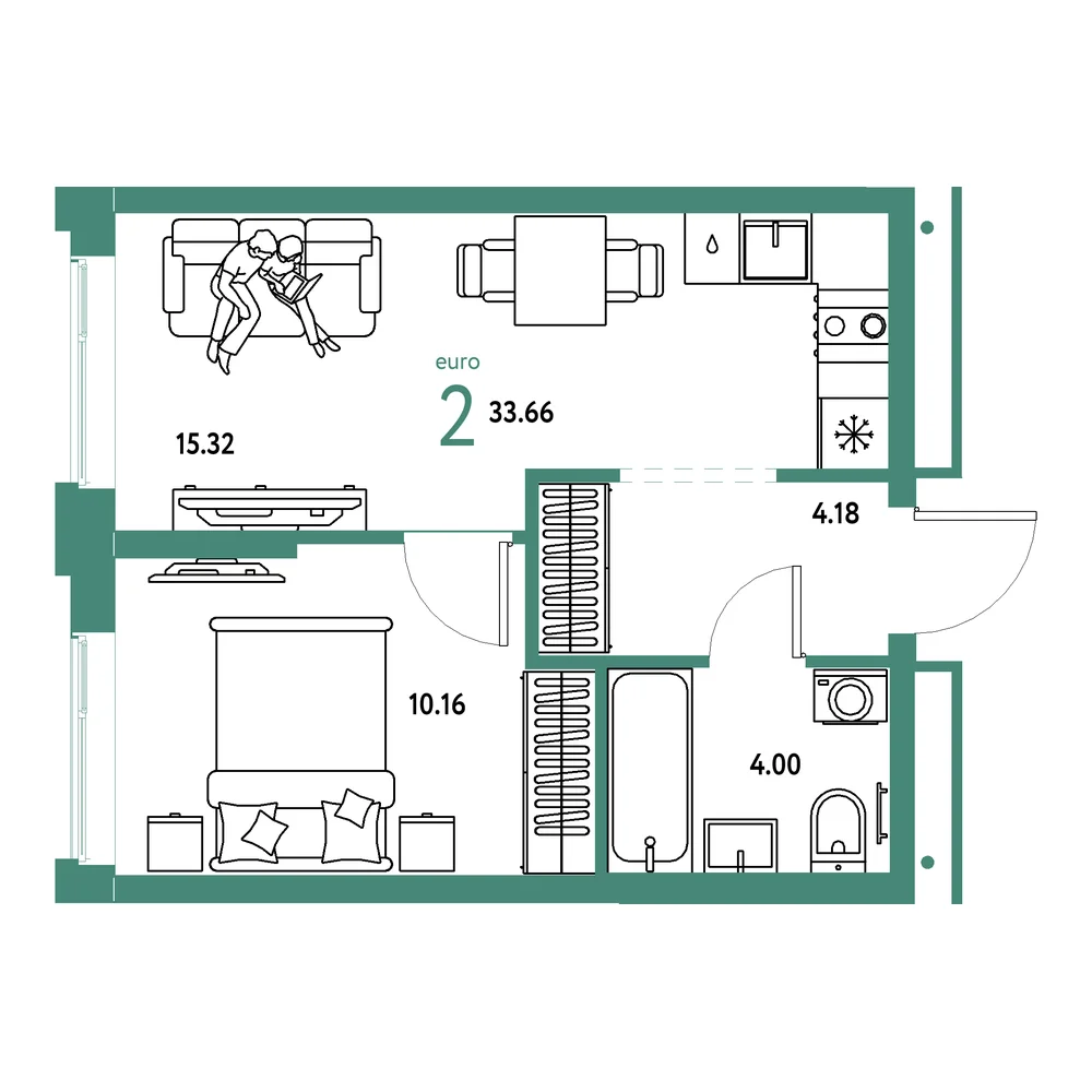 Планировка: Домашний 2-комнатная 33,66м²