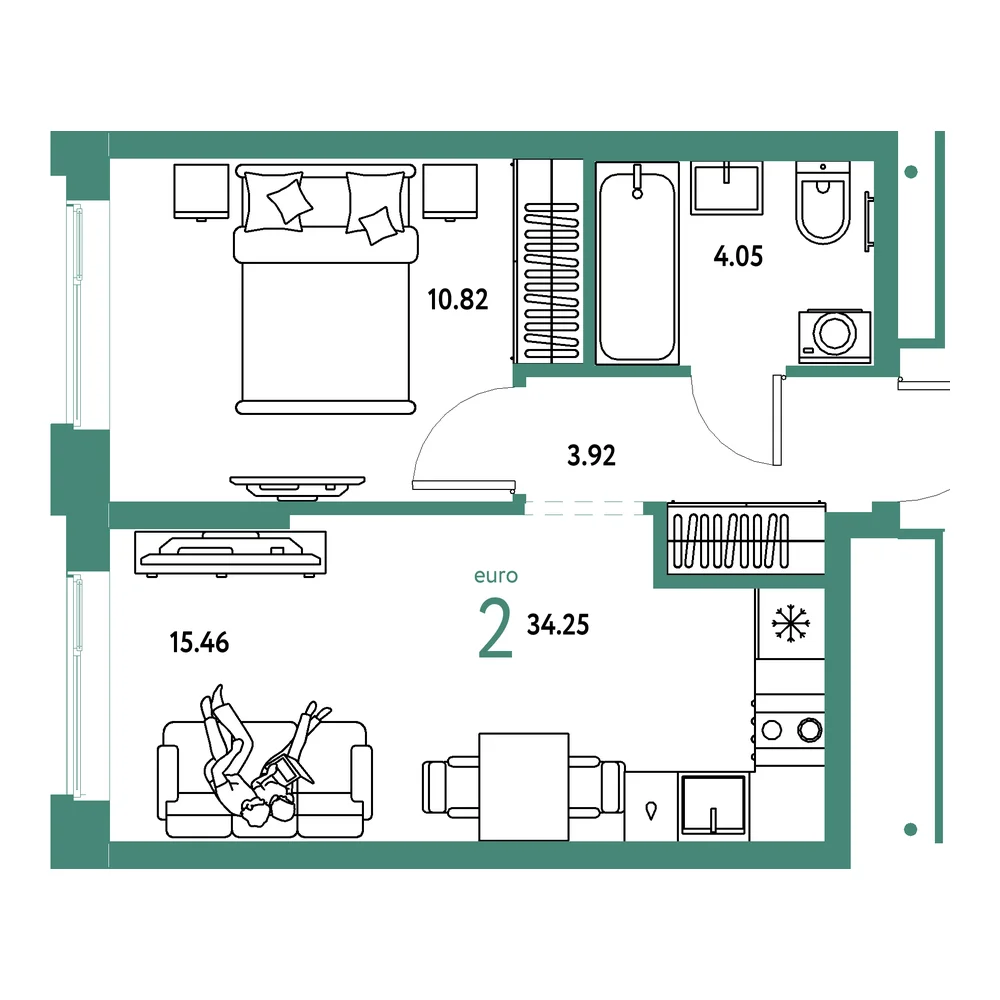 Планировка: Домашний 2-комнатная 34,25м²