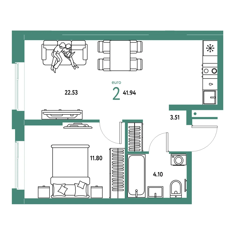Планировка: Домашний 2-комнатная 41,94м²