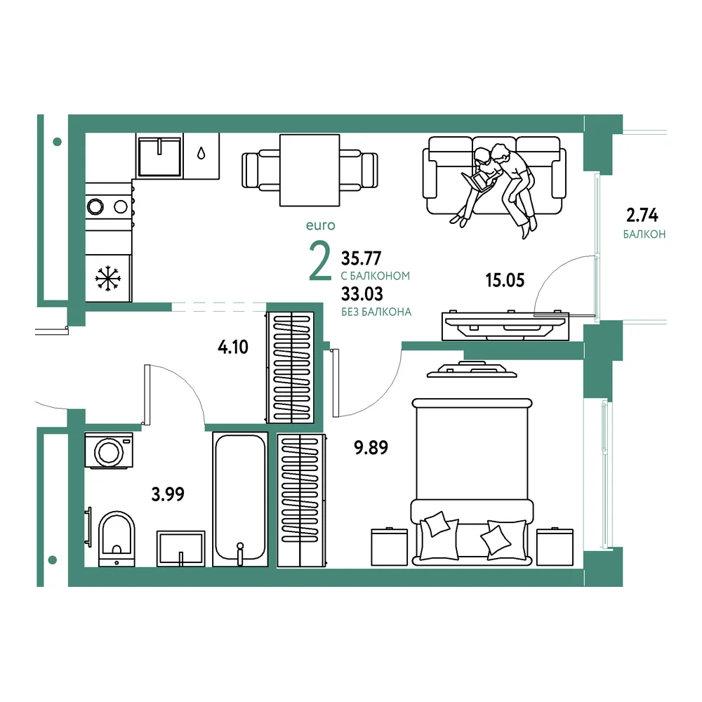 Планировка: Домашний 2-комнатная 35,77м²