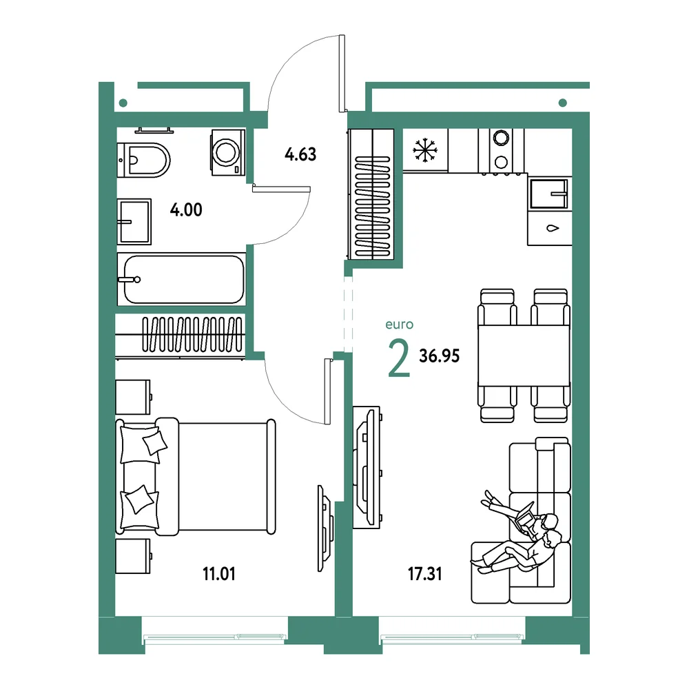 Планировка: Домашний 2-комнатная 36,95м²