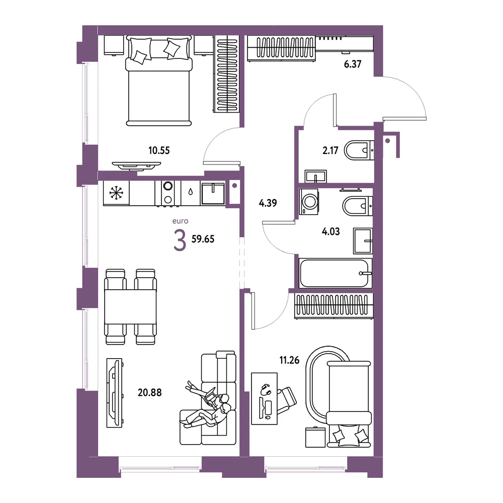 Планировка: Домашний 3-комнатная 59,65м²