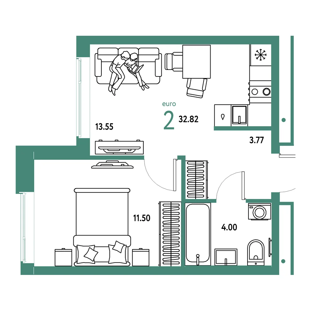 Планировка: Домашний 2-комнатная 32,82м²