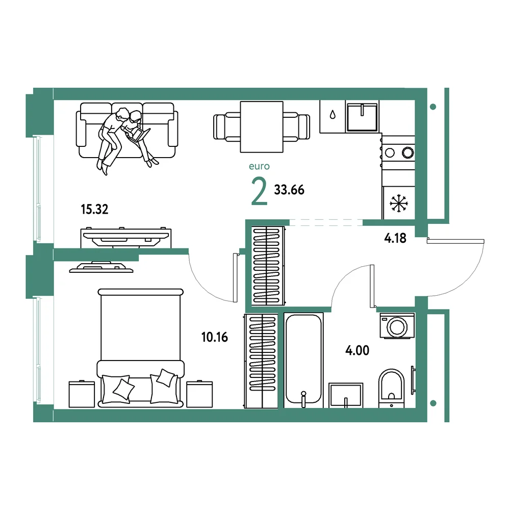 Планировка: Домашний 2-комнатная 33,66м²
