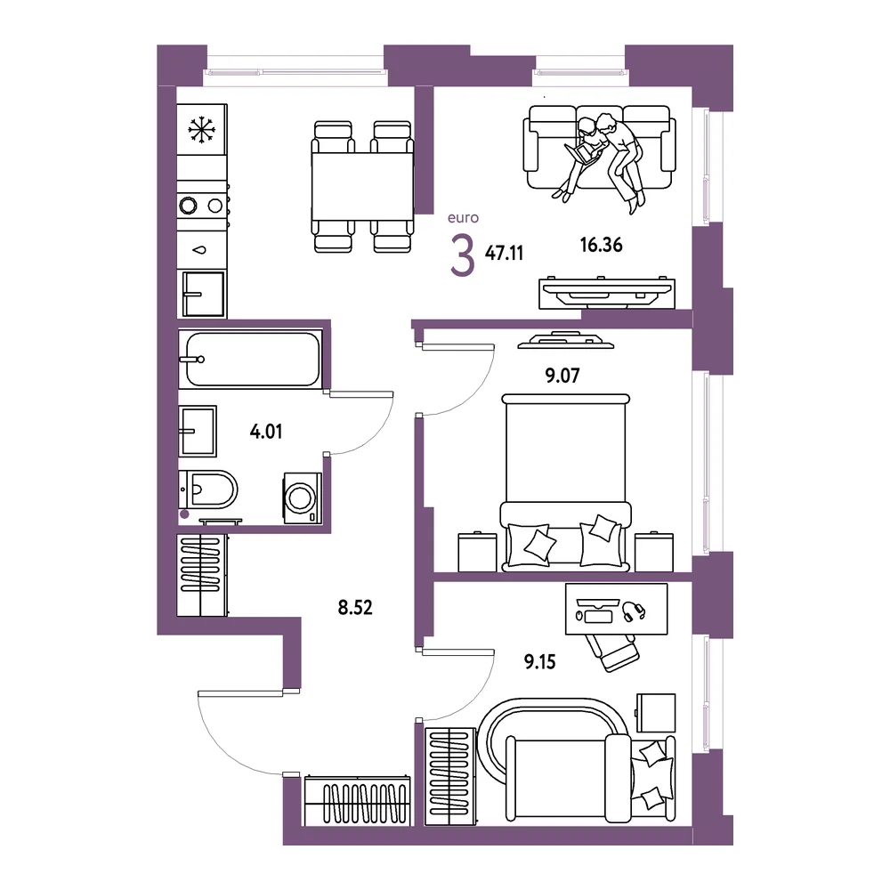 Планировка: Домашний 3-комнатная 47,11м²