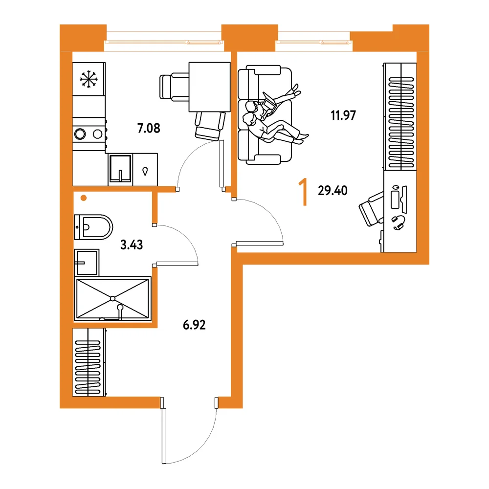 Планировка: Домашний 1-комнатная 29,40м²