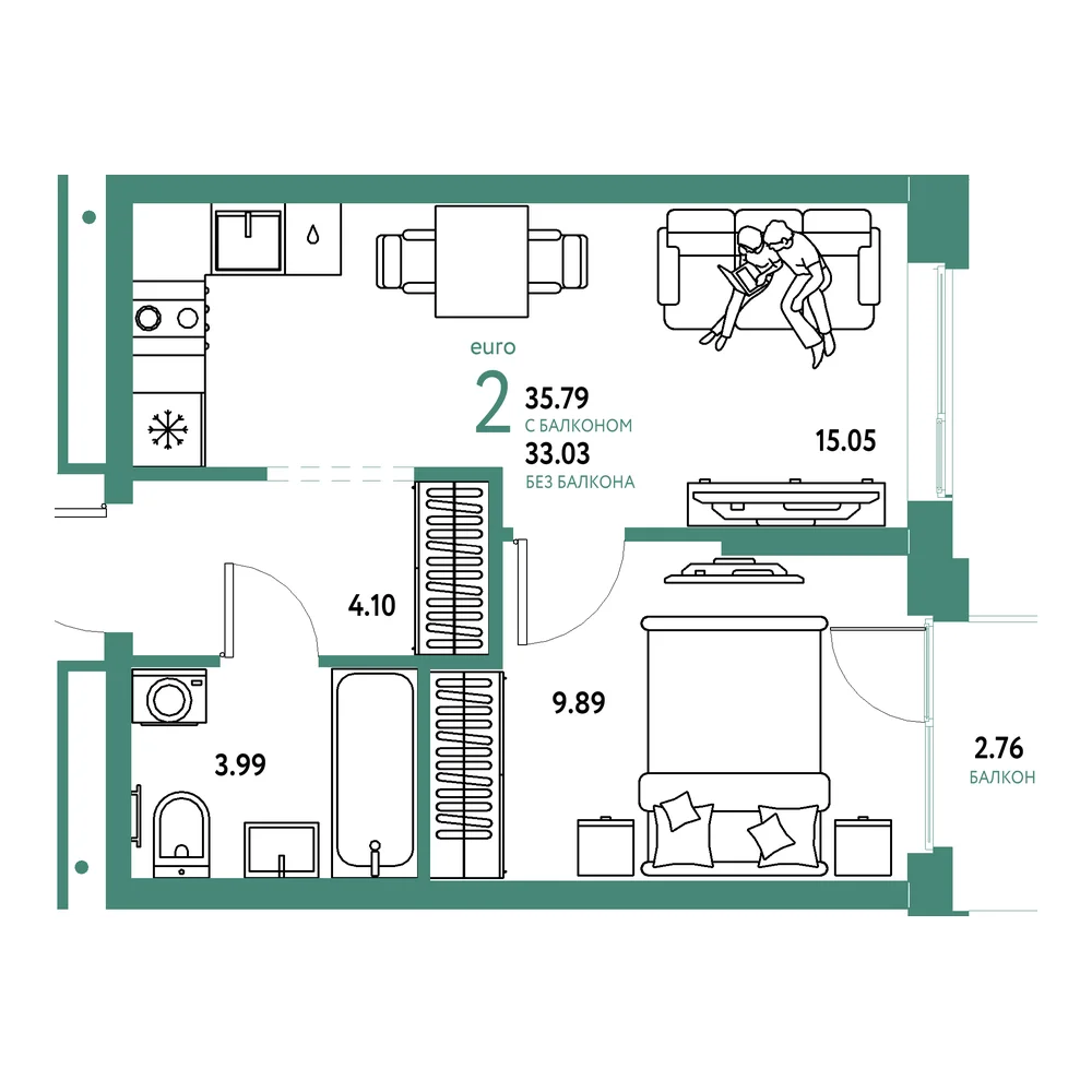 Планировка: Домашний 2-комнатная 35,79м²