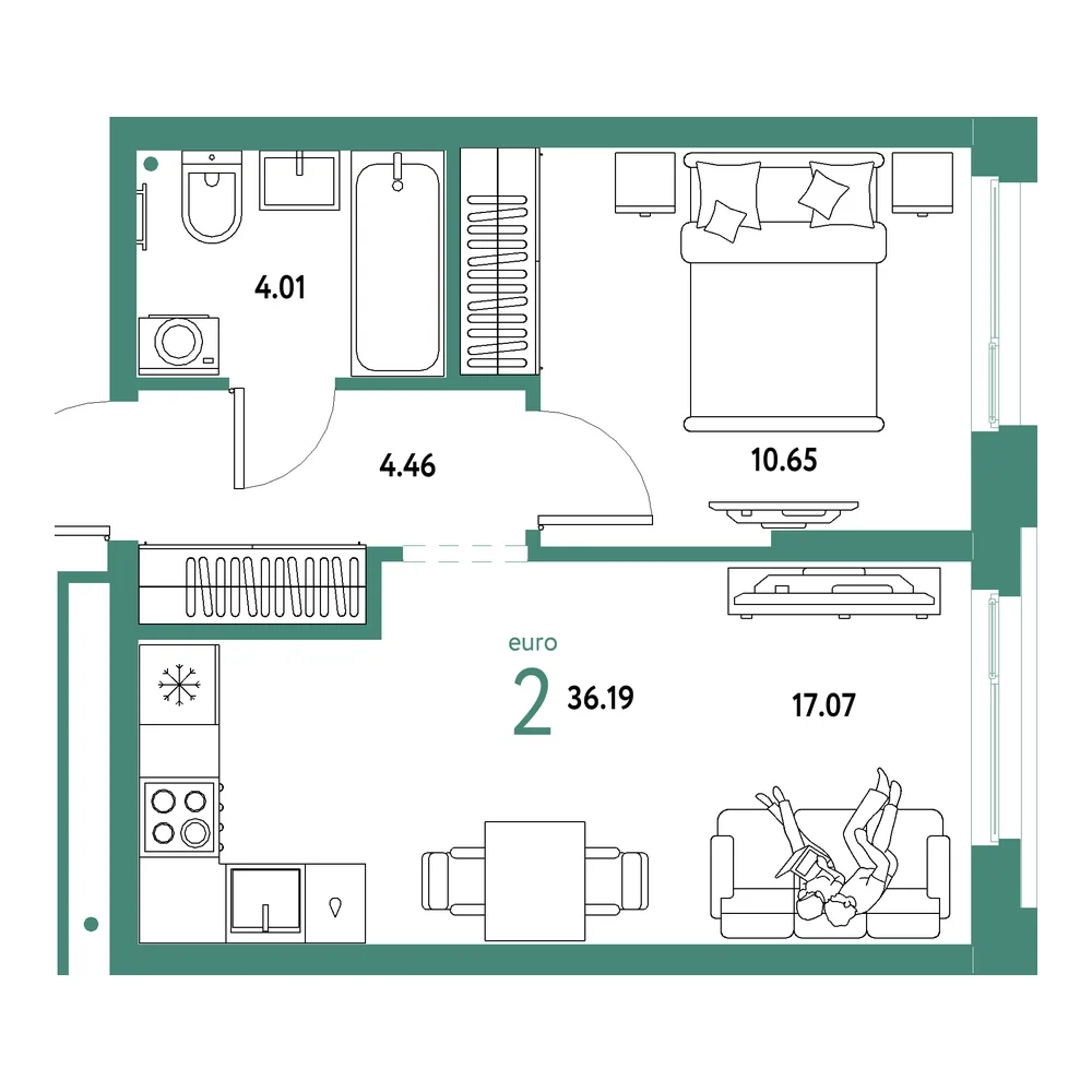 Планировка: Домашний 2-комнатная 36,19м²