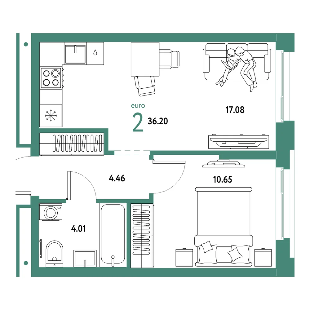 Планировка: Домашний 2-комнатная 36,20м²