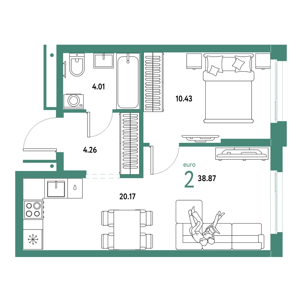 Планировка: Домашний 2-комнатная 38,87м²