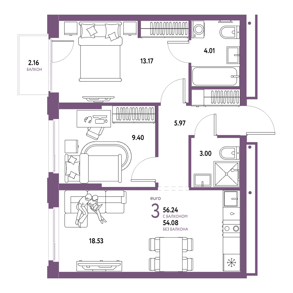 Планировка: Домашний 3-комнатная 56,24м²