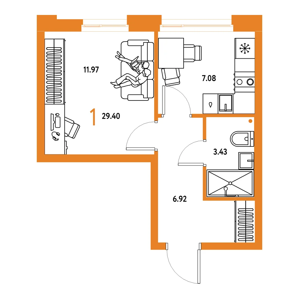Планировка: Домашний 1-комнатная 29,40м²