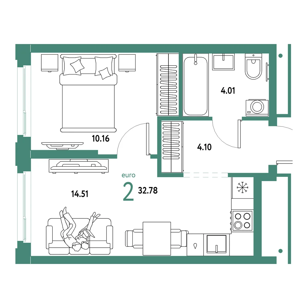 Планировка: Домашний 2-комнатная 32,78м²