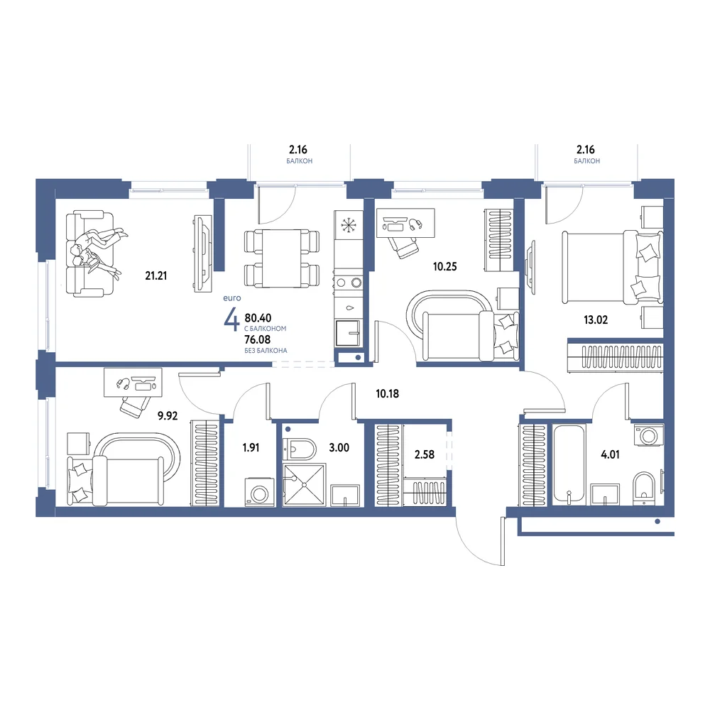 Планировка: Домашний 4-комнатная 80,40м²