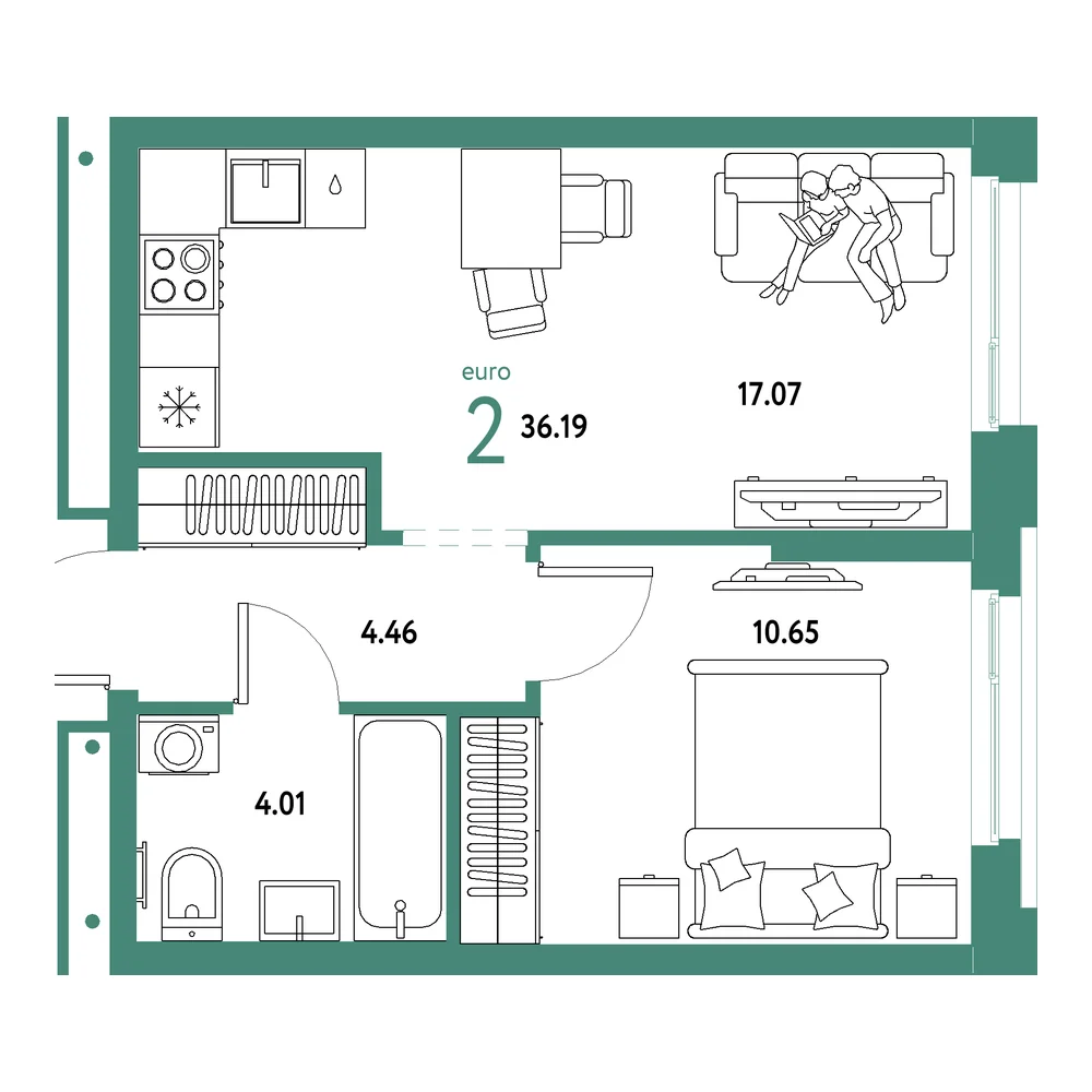 Планировка: Домашний 2-комнатная 36,19м²