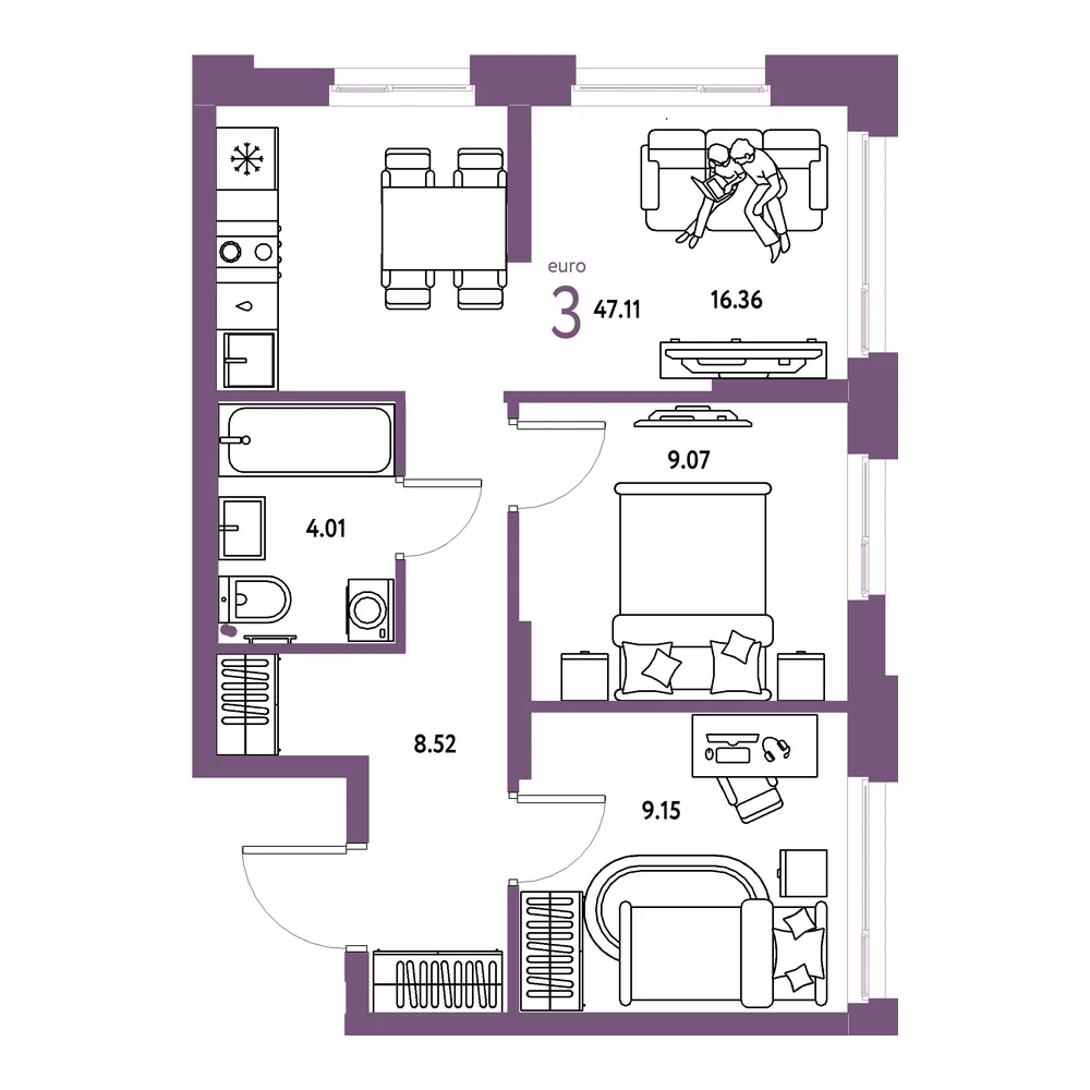 Планировка: Домашний 3-комнатная 47,11м²