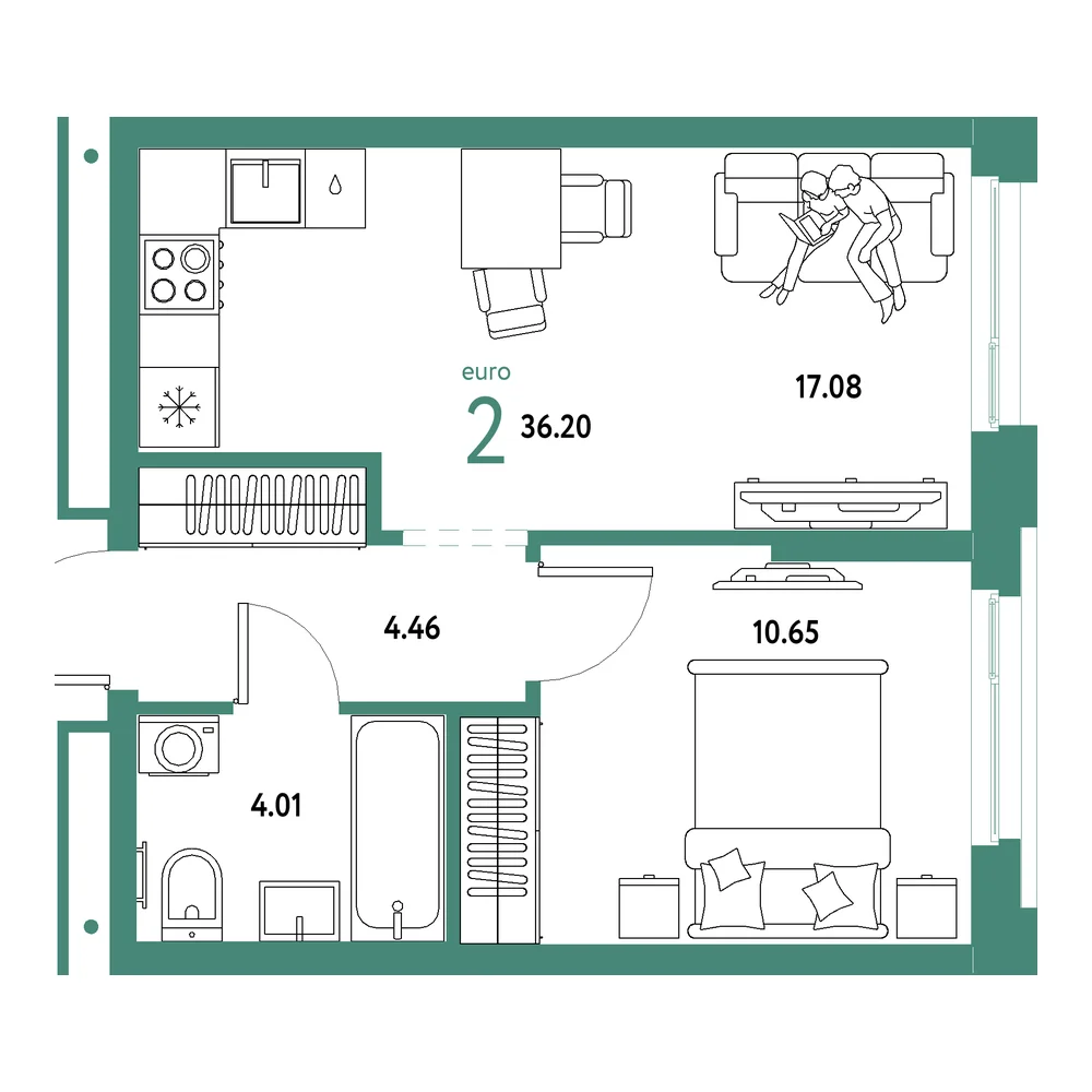 Планировка: Домашний 2-комнатная 36,20м²