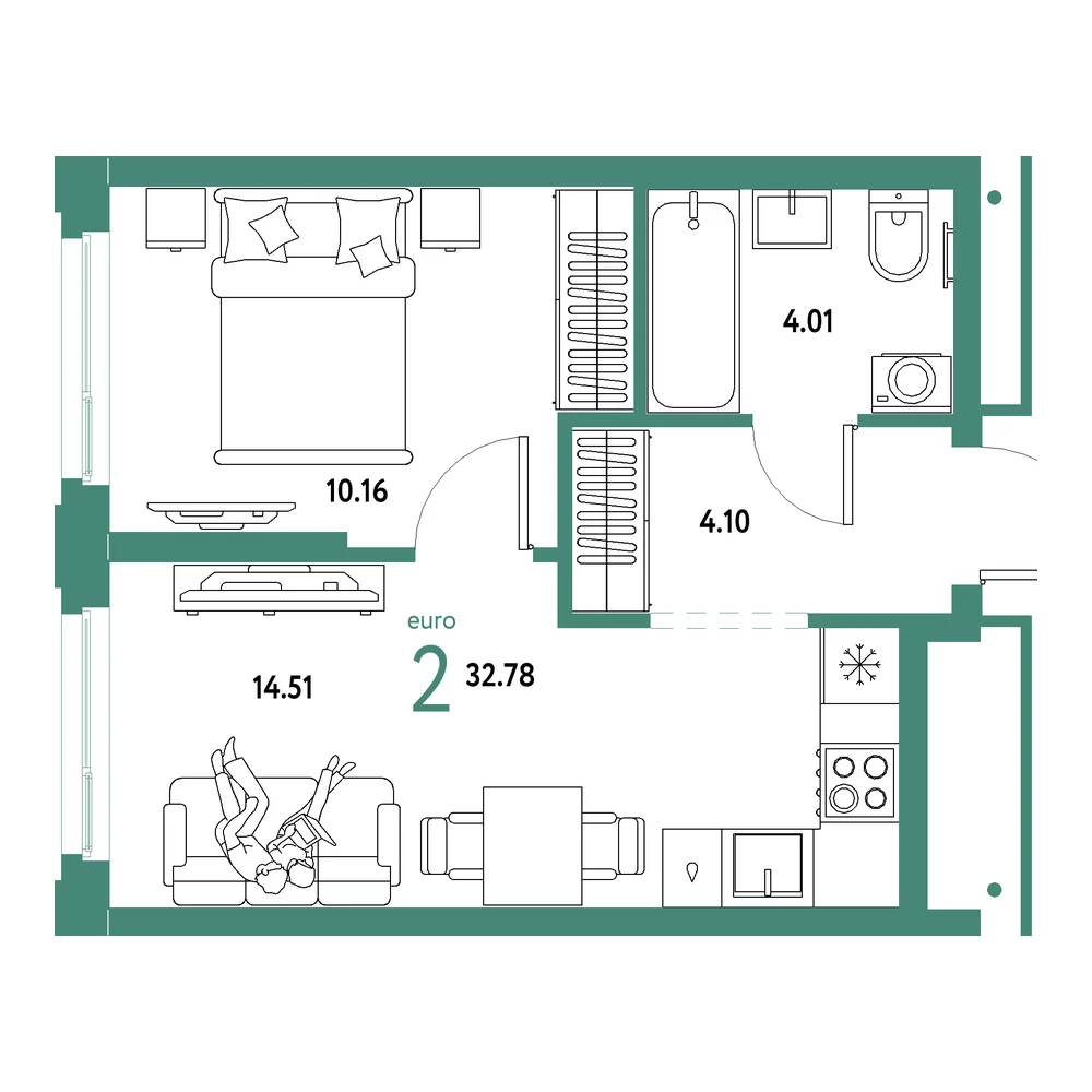 Планировка: Домашний 2-комнатная 32,78м²