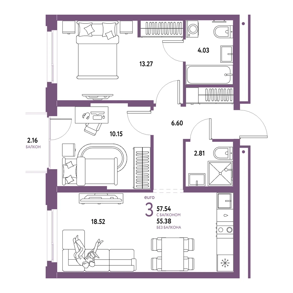 Планировка: Домашний 3-комнатная 57,54м²