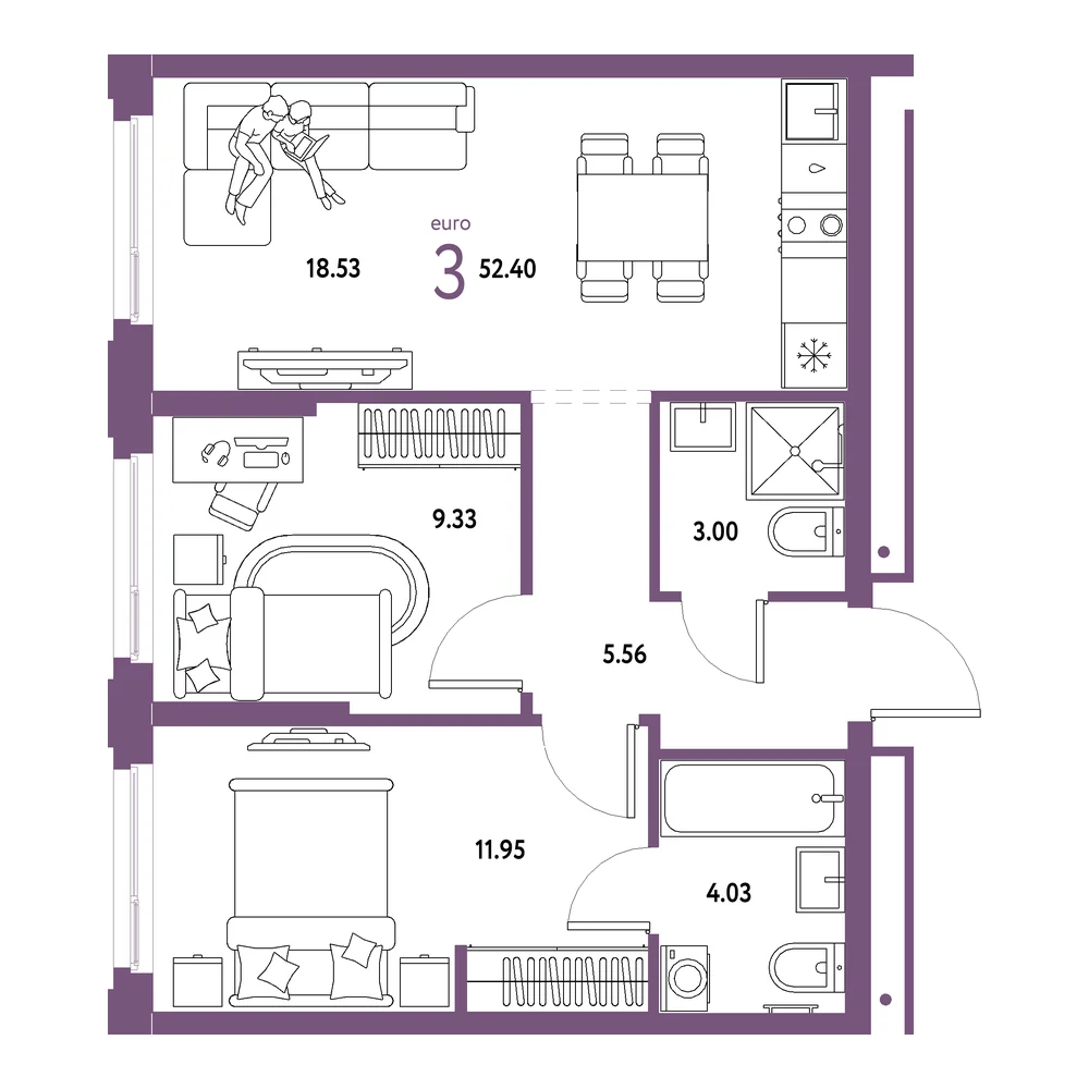 Планировка: Домашний 3-комнатная 52,40м²