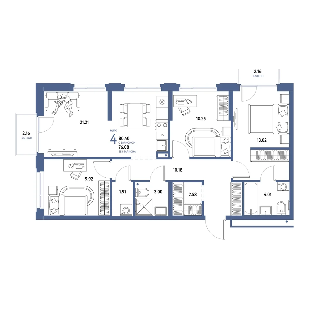 Планировка: Домашний 4-комнатная 80,40м²
